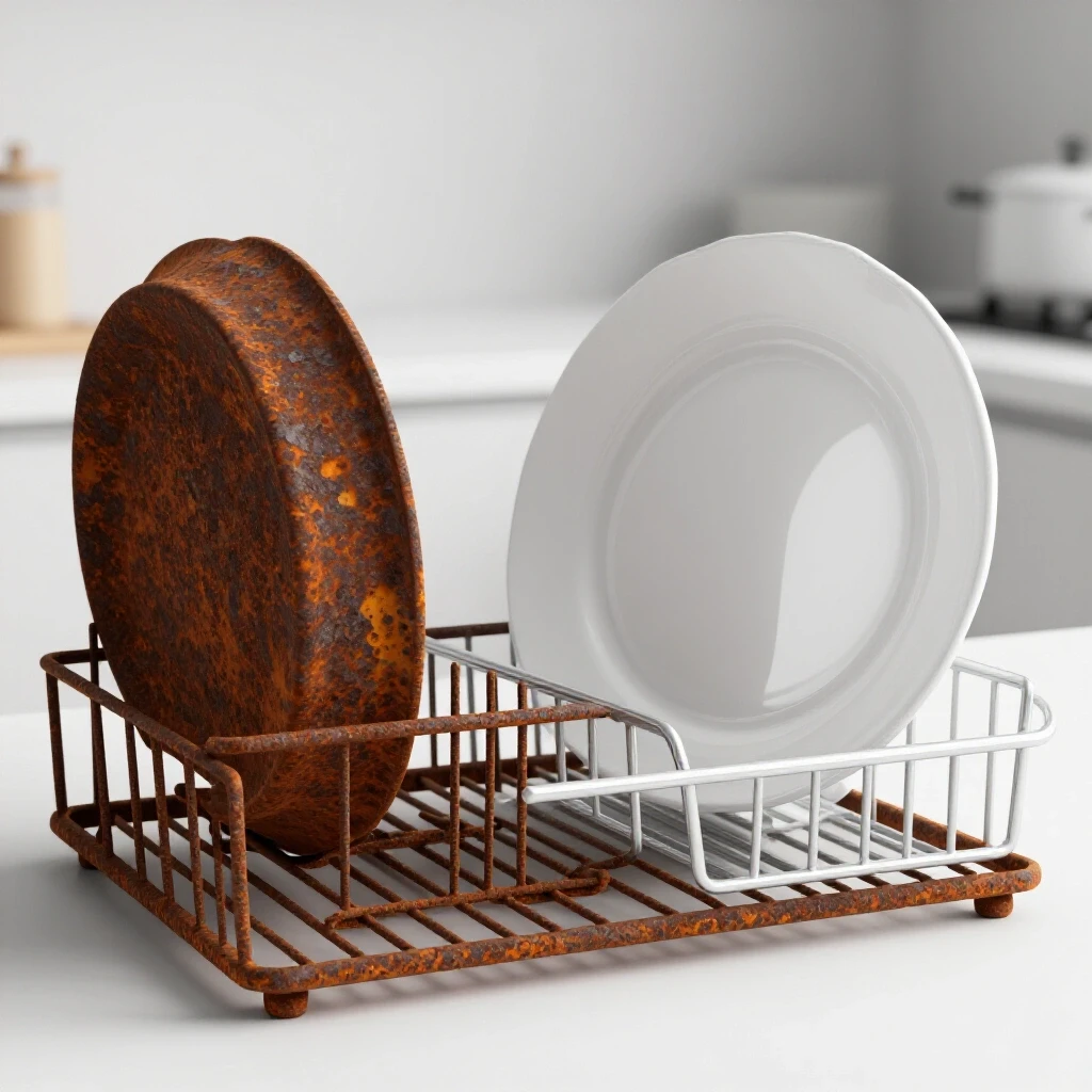 A split image showing a rusting dish rack contrasting with a glossy, new dish rack, in a bright kitchen setting.