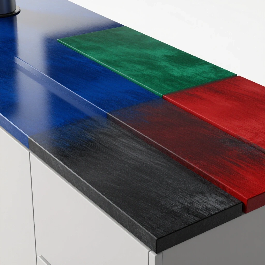 Contrasting surface finishes in deep colors demonstrating wear over time on a kitchen countertop.