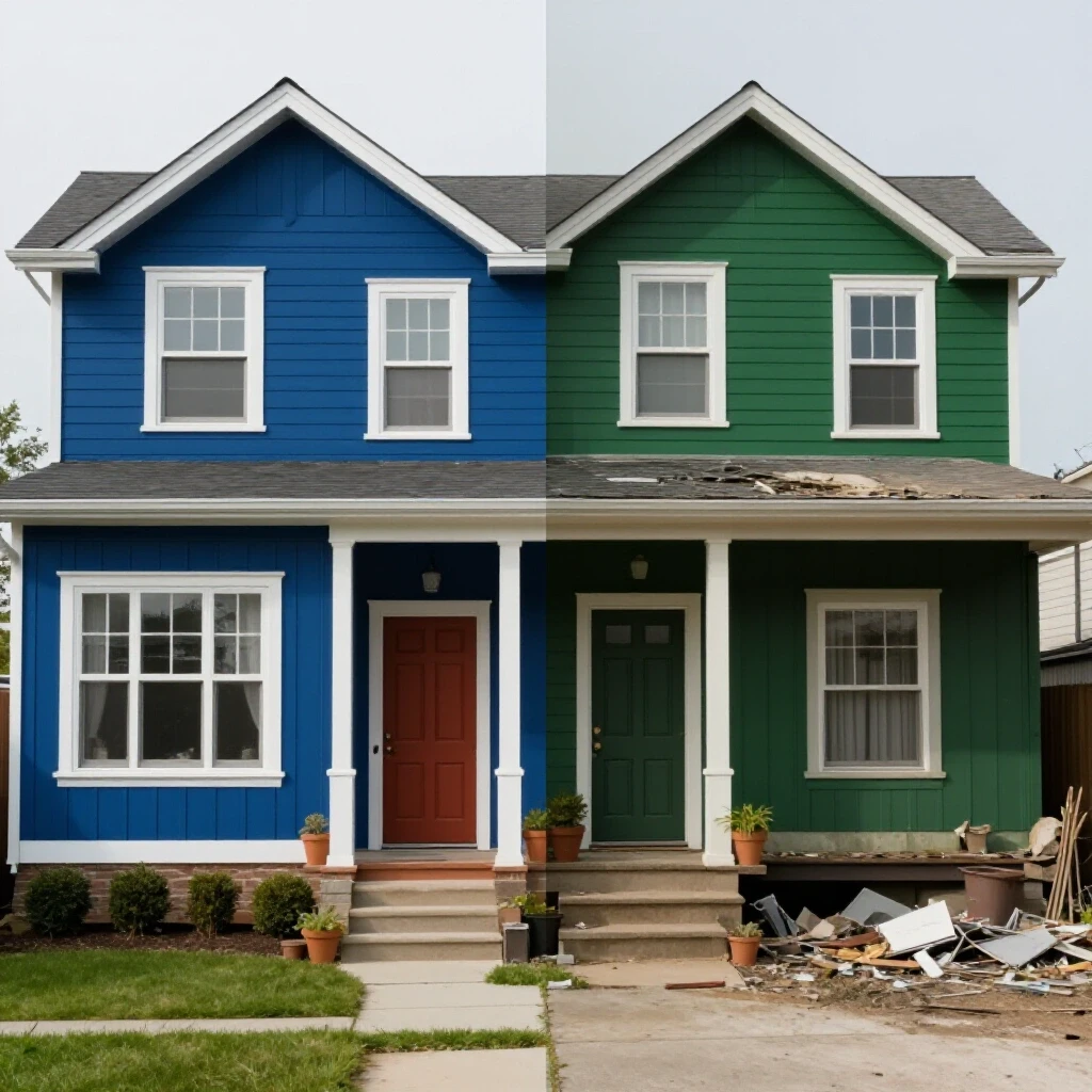 A visually striking split-image of a well-maintained home contrasted with a neglected one, highlighting home maintenance benefits.