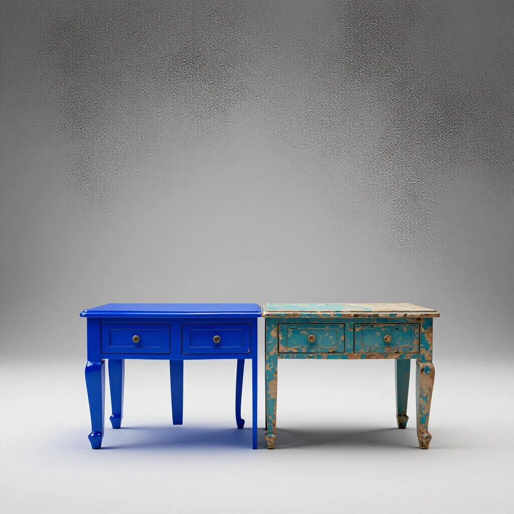 A vibrant glossy blue painted furniture piece beside a chipped and faded furniture piece in a bright studio setting.