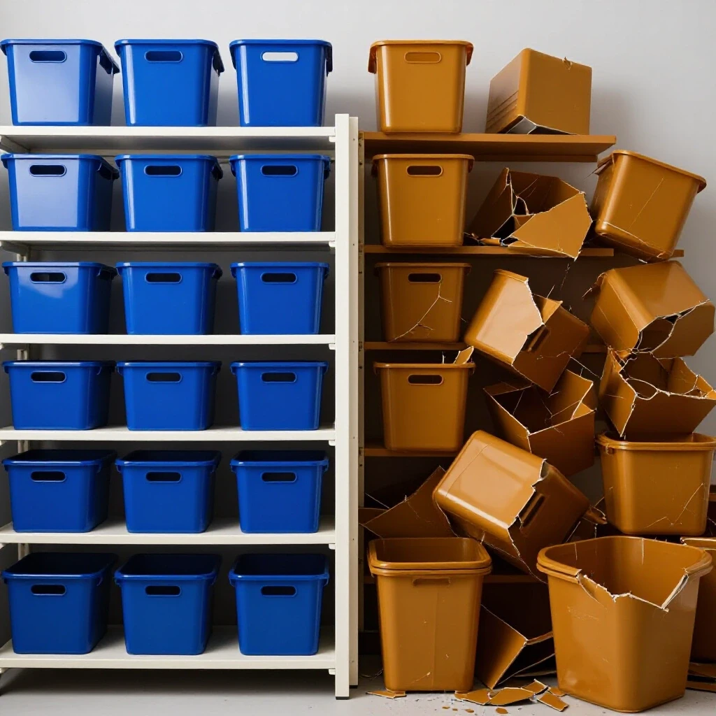 A split scene depicting a vibrant storage area with intact bins contrasted against a chaotic area with broken bins, highlighting durability issues.