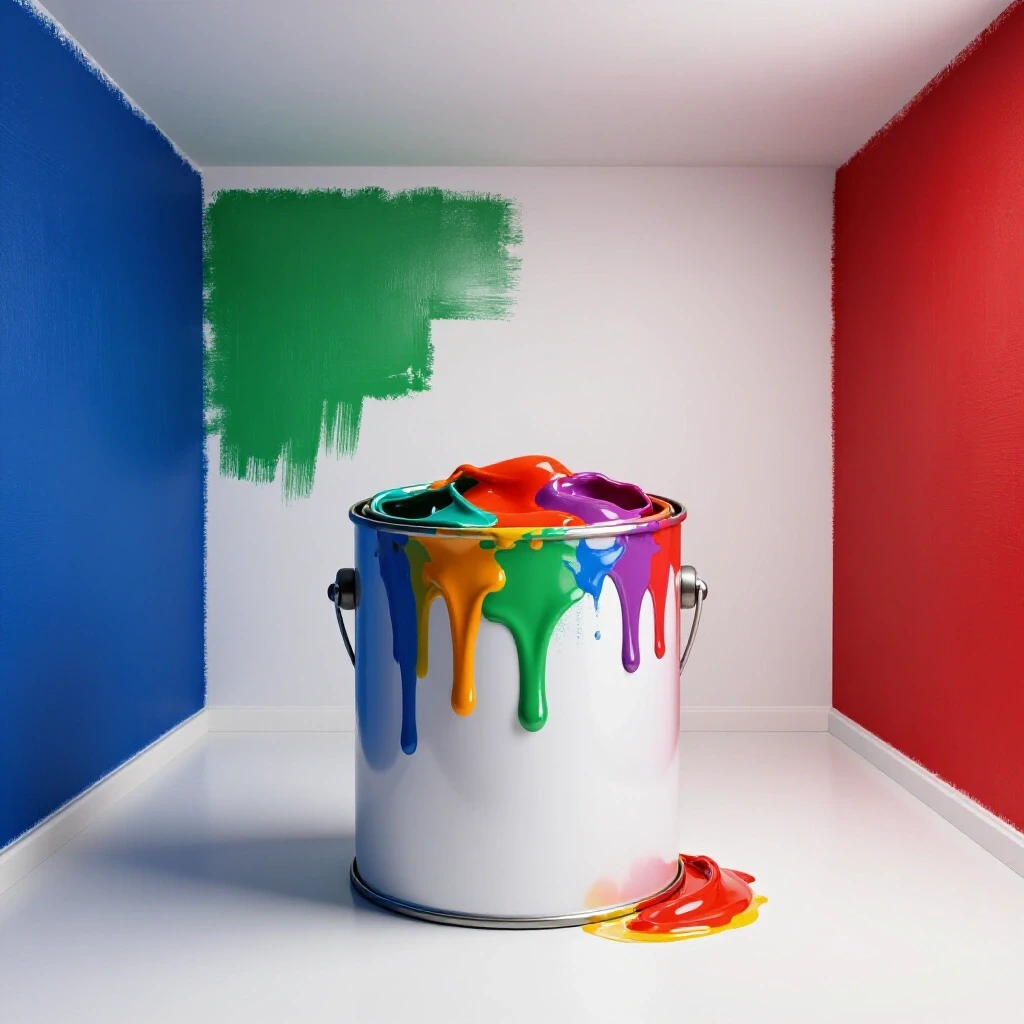 A beautifully rendered scene of a partially painted room in vibrant colors with a paint can overflowing, symbolizing costs.
