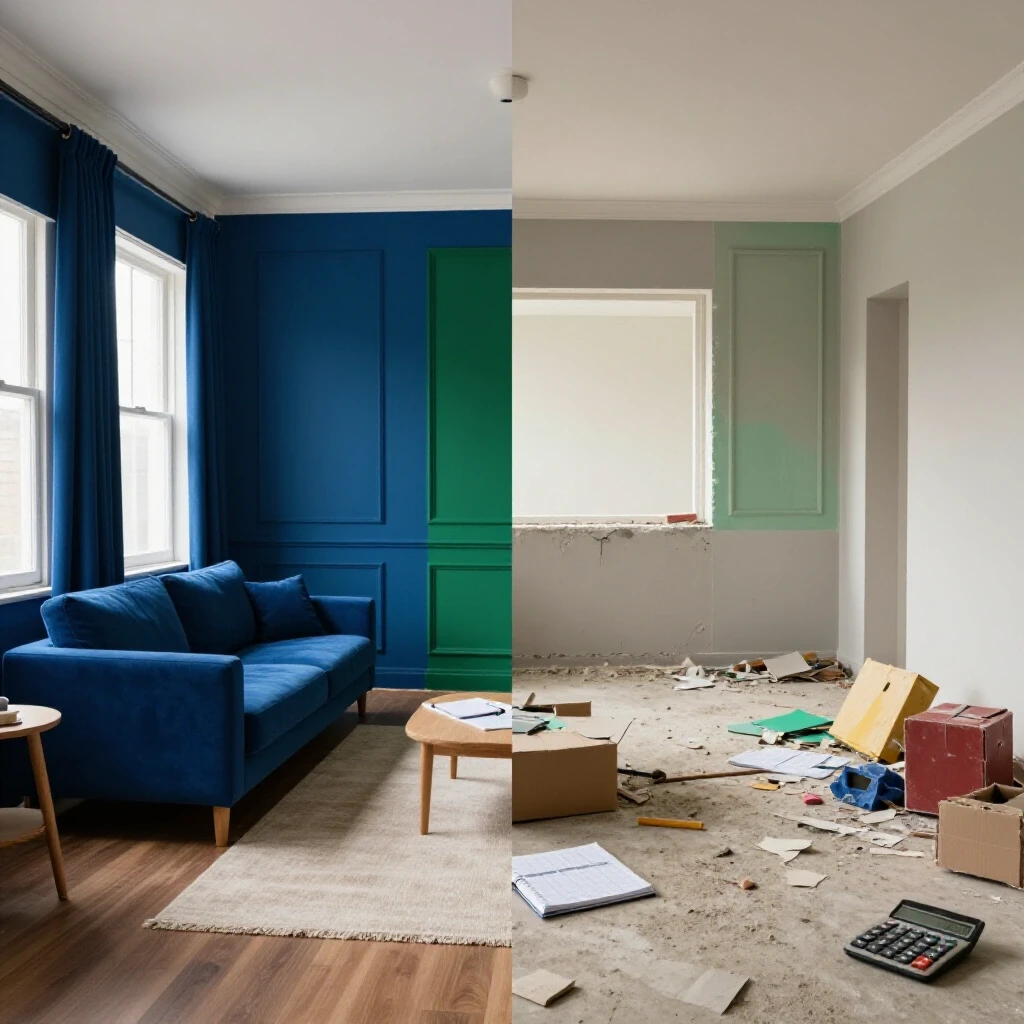 A split-image showcasing a renovated room contrasted with a chaotic, unfinished space, highlighting home renovation costs.