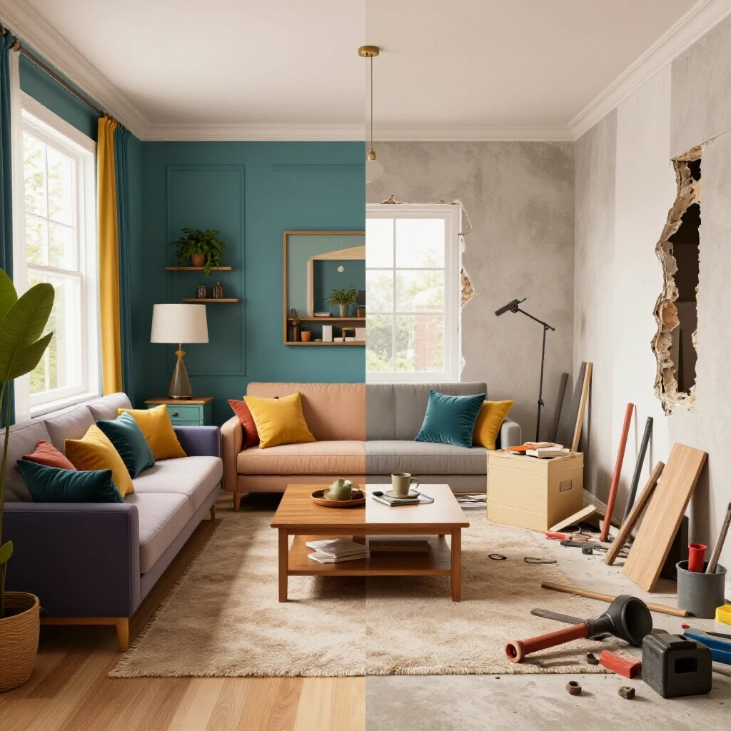 A split-screen view depicting a beautifully renovated living room beside a chaotic construction zone, highlighting renovation challenges.