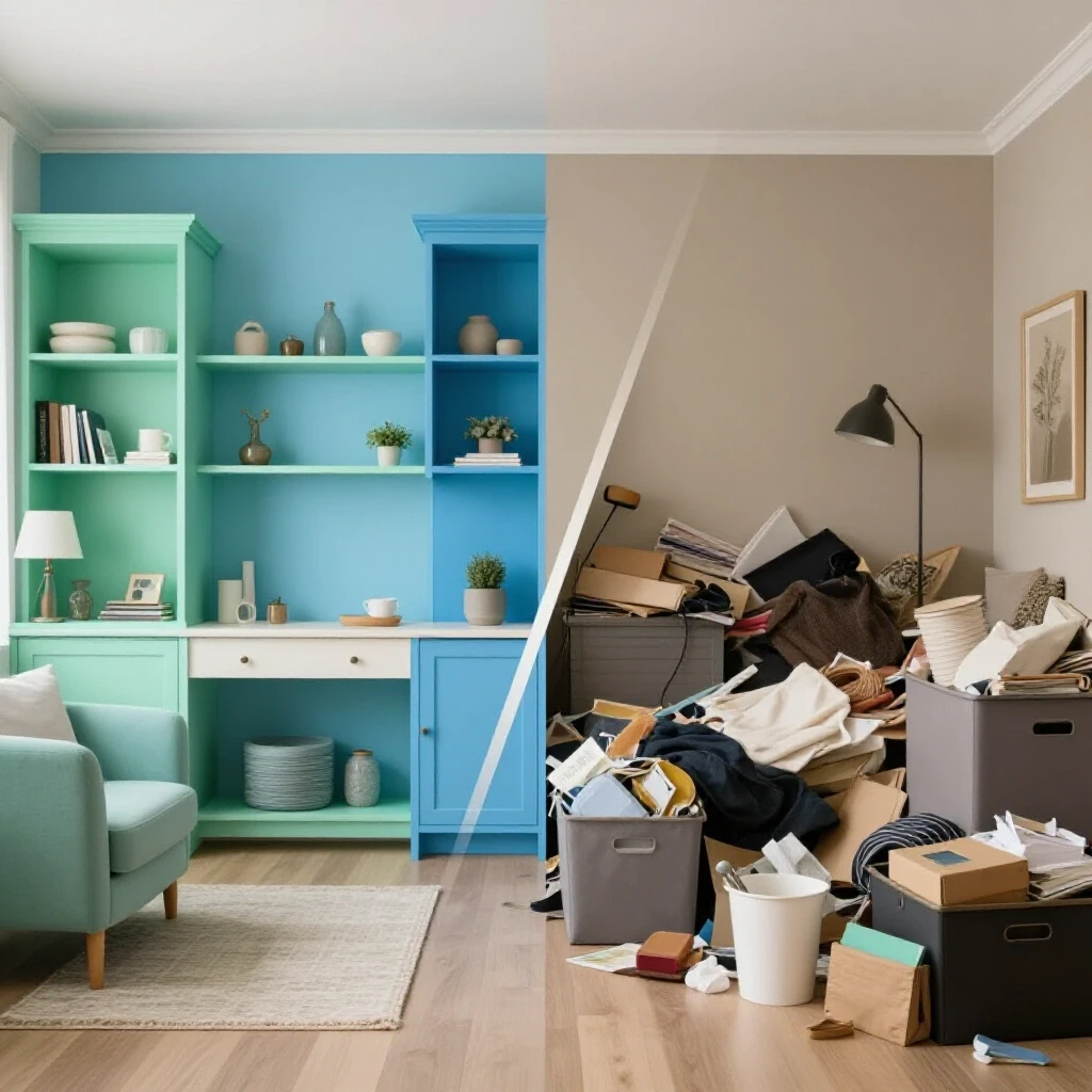 A dynamic before-and-after image of a room, split between an organized space and a chaotic, cluttered area, showcasing the contrast.