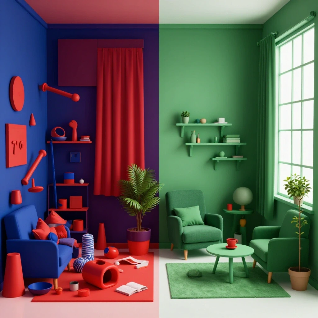 A split-screen comparison shows a cluttered room versus an organized, minimalist space, emphasizing home organization.