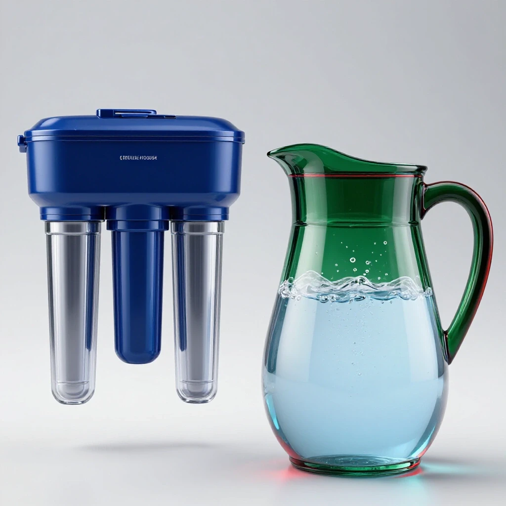 Comparison of a modern whole-house water filter and a rustic water pitcher filled with clear water, highlighting purity.
