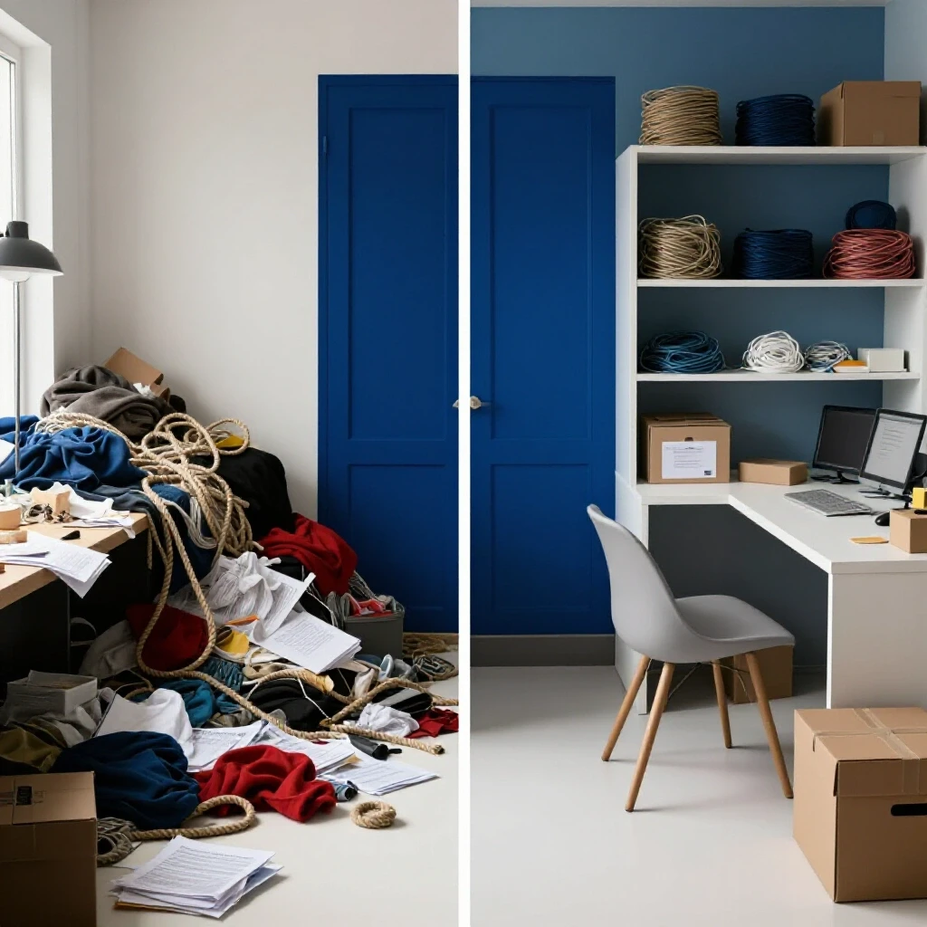 A dramatic split-screen image featuring a chaotic cluttered room on one side and a serene organized space on the other, visually highlighting the struggle between chaos and order.