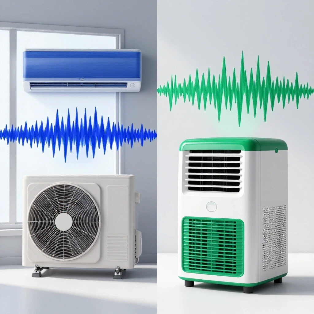 A comparison image of a window AC unit with jagged sound waves and a portable AC unit with smooth sound waves, highlighting noise differences.