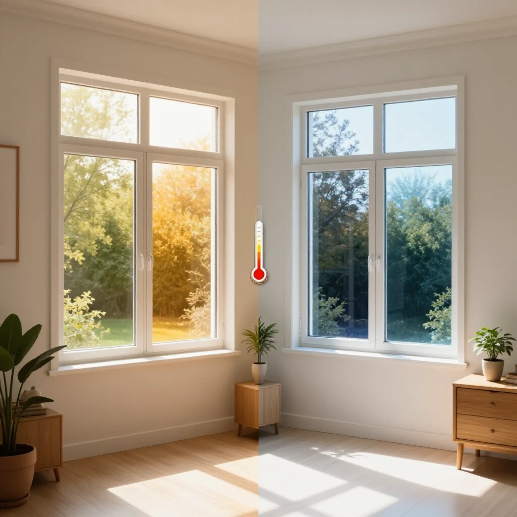 A split-image showcasing a sunlit room on one side and a tinted window film room on the other, illustrating temperature differences.
