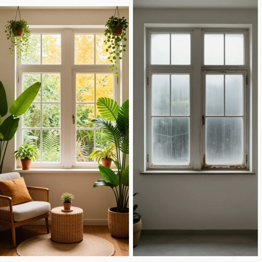 A split-view image contrasting a vibrant room with warm window film and a dull room with old windows, highlighting light and ambiance differences.
