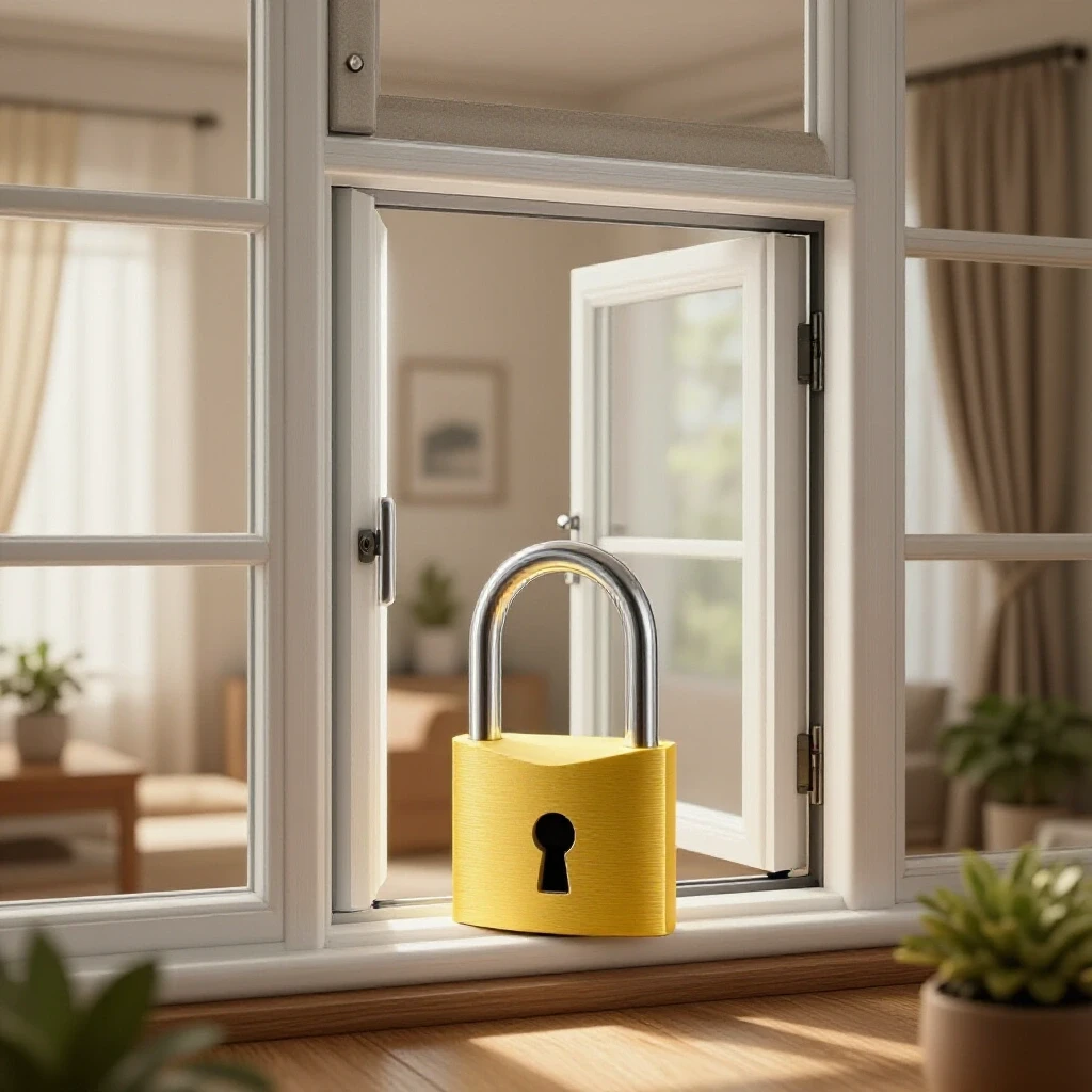 A bright padlock in front of a partially opened window, showcasing secure home decor in the background.
