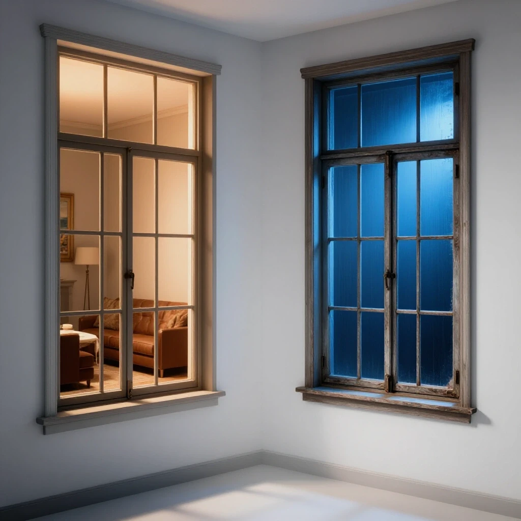A visual comparison showing a modern cozy interior illuminated beside a stark, cold room with an old window, emphasizing the cost vs comfort of window replacement.