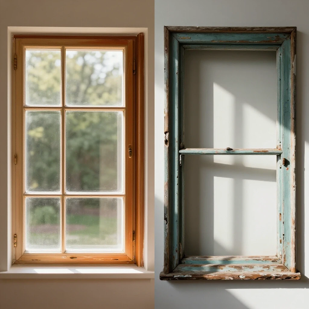 A contrasting image showing a renovated window with sunlight and an old window frame in shadows, illustrating the pros and cons of window replacement.
