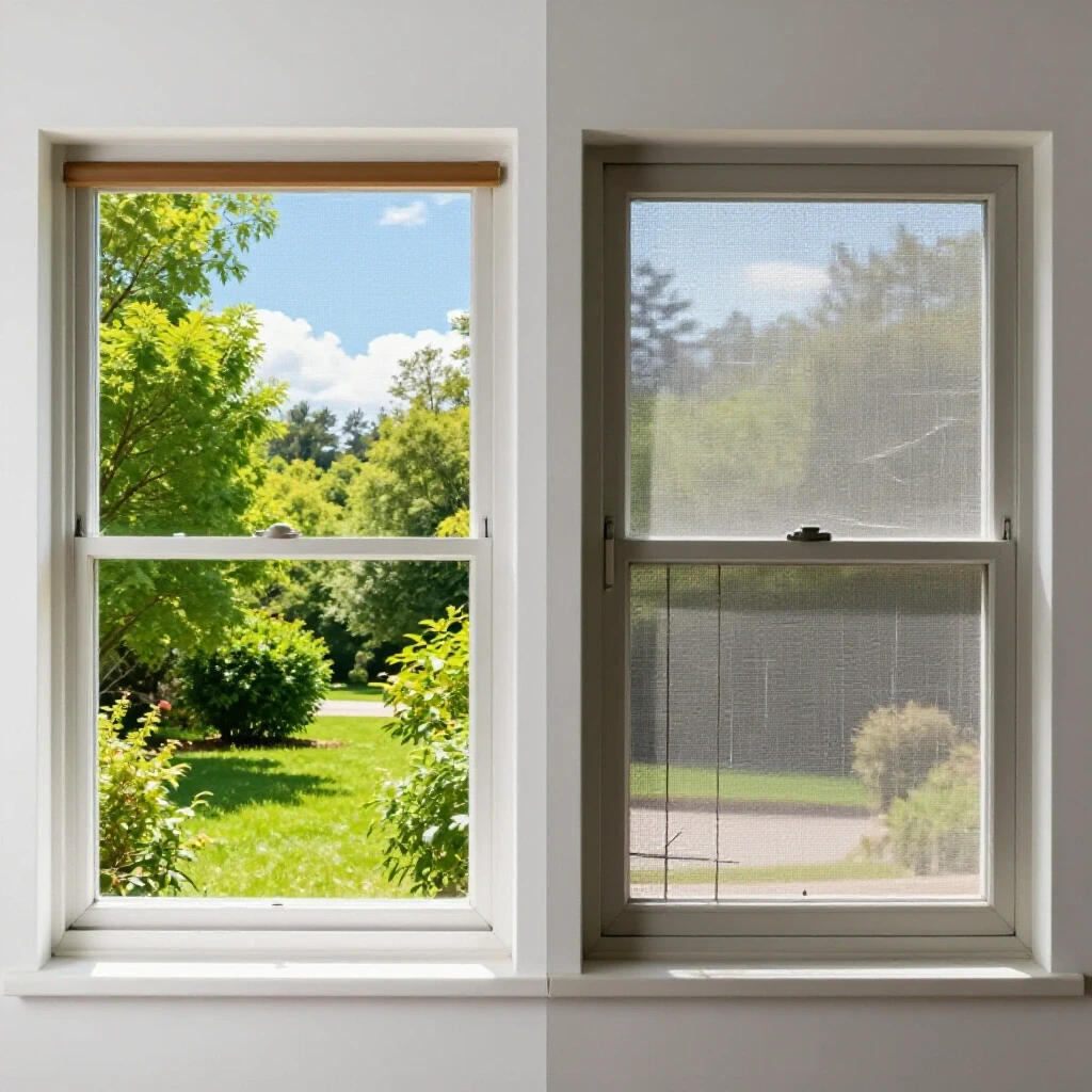 A split-screen image contrasting a bright, vibrant window with a beautiful outdoor view and a dull, damaged window screen, illustrating window screen replacement importance.