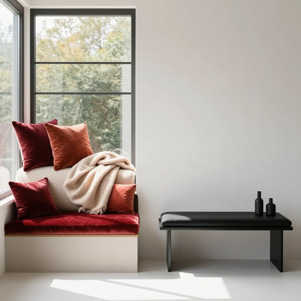 A cozy window seat with plush cushions alongside a modern bench, showcasing contrasting decor styles.