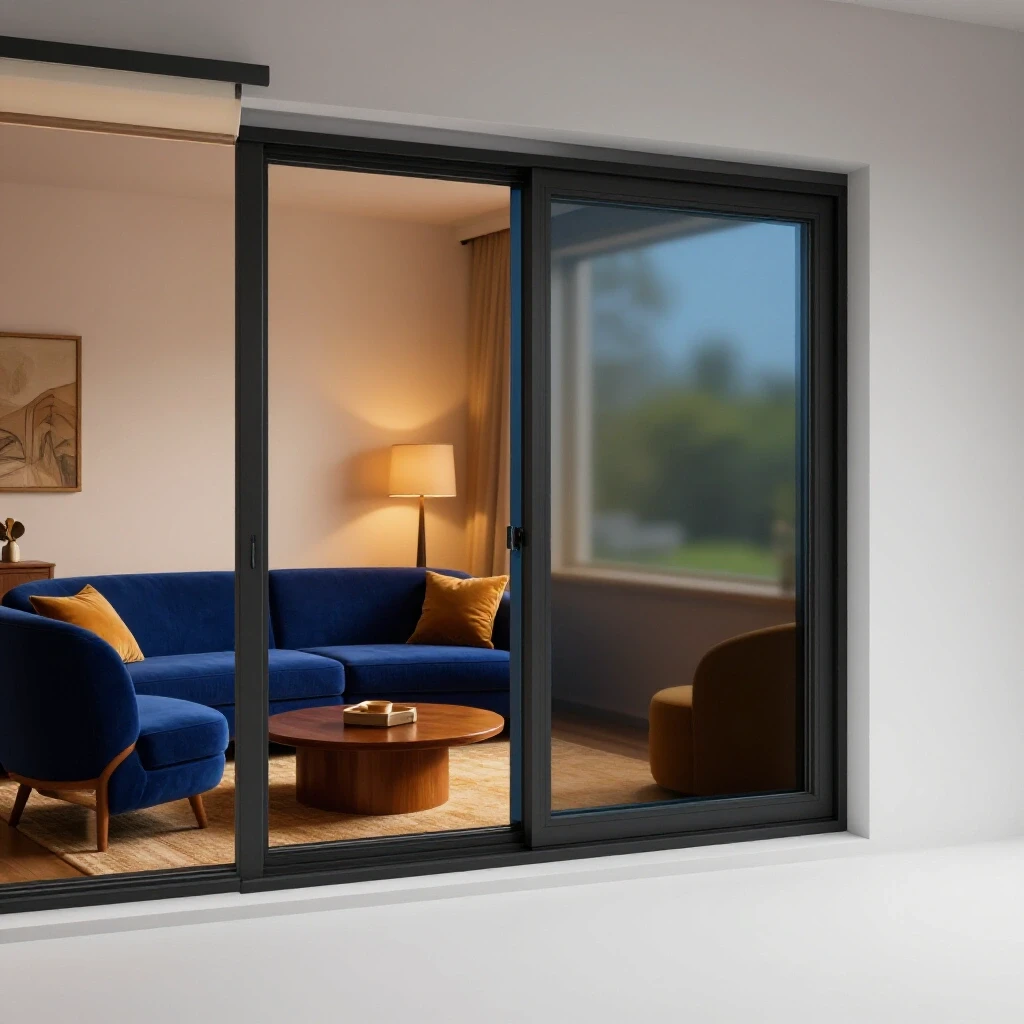 A cozy interior with a tinted window, contrasting a blurred, cooler outdoor scene, showcasing privacy and warmth.