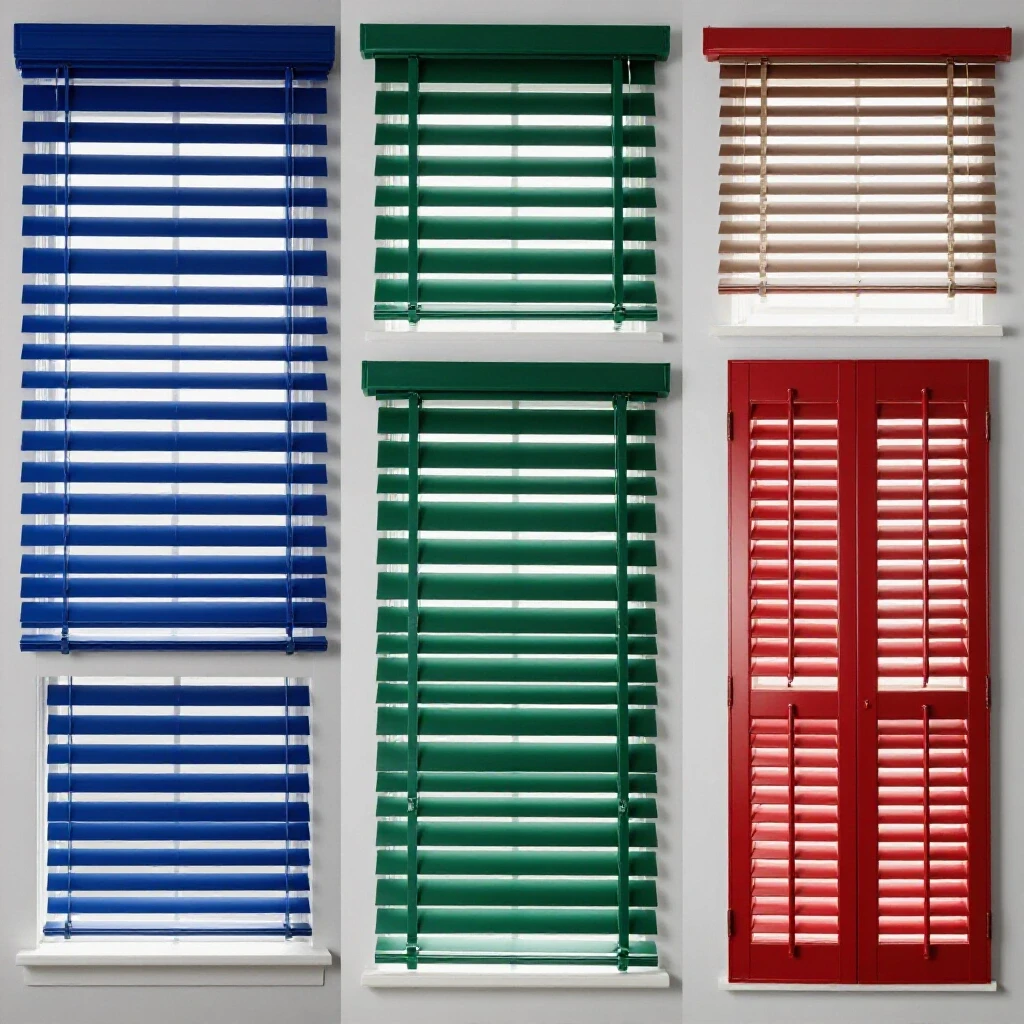 A visually striking comparison of window treatments: blinds in royal blue, shades in emerald green, and shutters in crimson red, set against a light grey background.