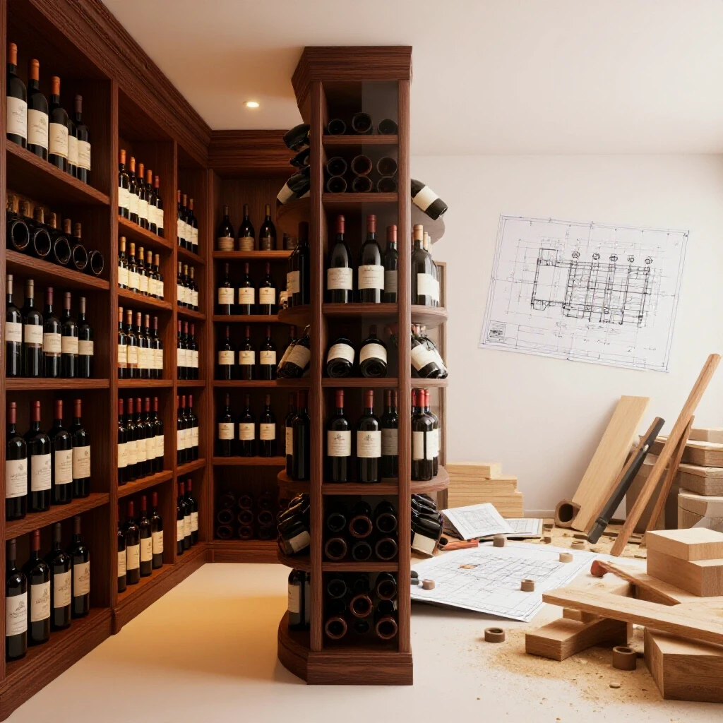 A split-screen image showing an elegant wine cellar on one side and a chaotic construction zone on the other, highlighting the transformation process.