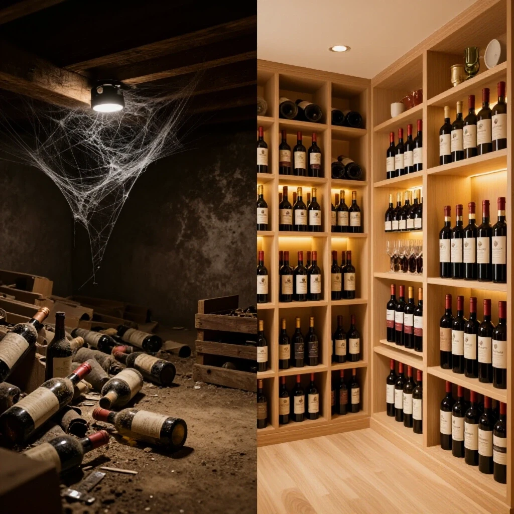A split-image showing a chaotic basement filled with dusty bottles contrasted with a bright, organized wine cellar showcasing elegant decor.