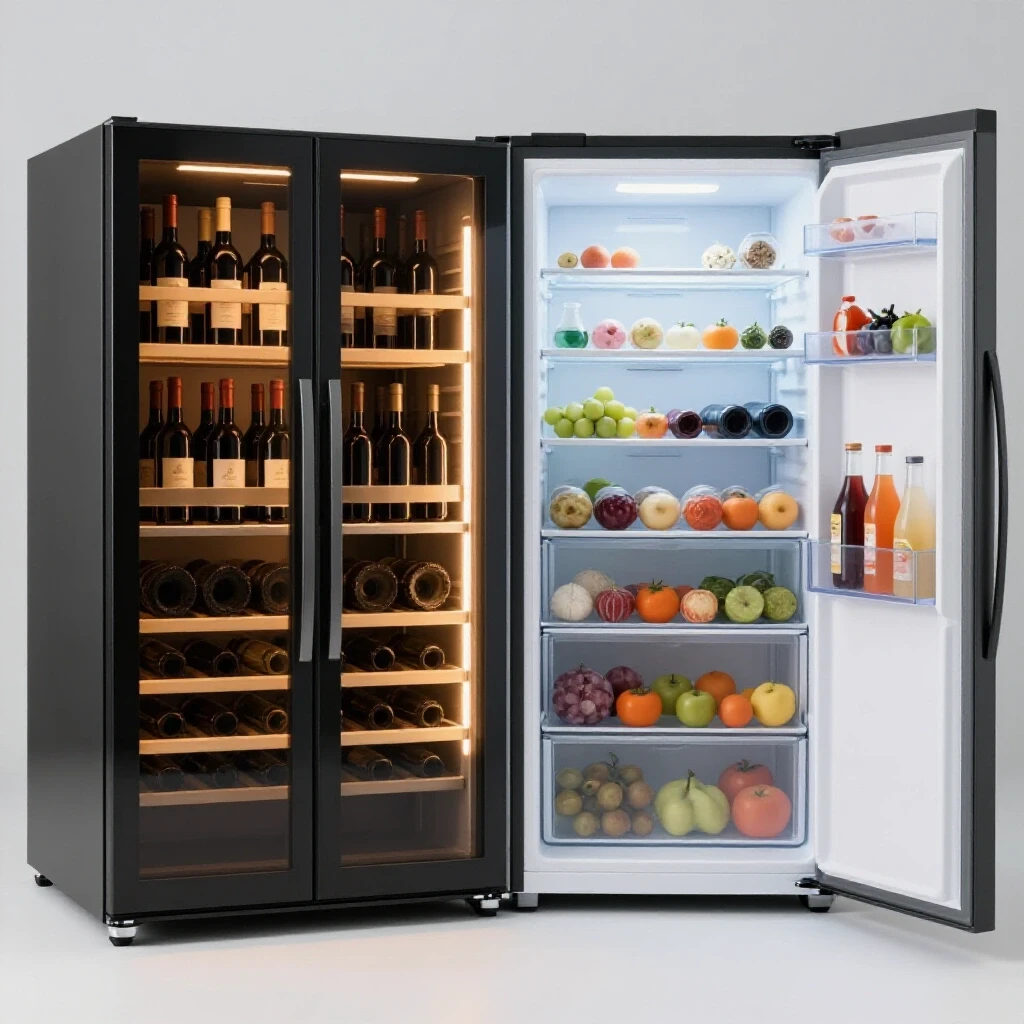 A visual comparison of a sleek wine fridge with illuminated bottles and a cluttered regular fridge with everyday items, demonstrating wine storage options.