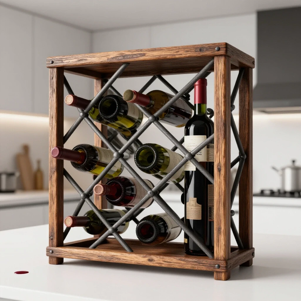 Rustic wine rack with aged bottles showcased in a bright modern kitchen, highlighting durability and elegance.