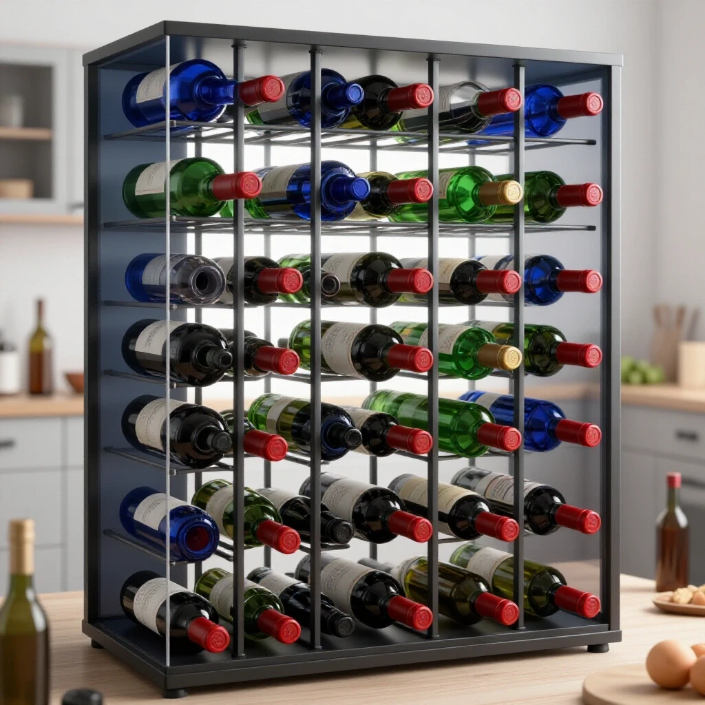 An elegant wine rack filled with various wine bottles, contrasting a cluttered kitchen space in the background.