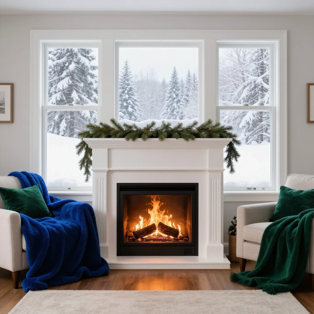 Cozy winter living room with a fireplace, plush blankets, and snowy window view, highlighting seasonal comfort.
