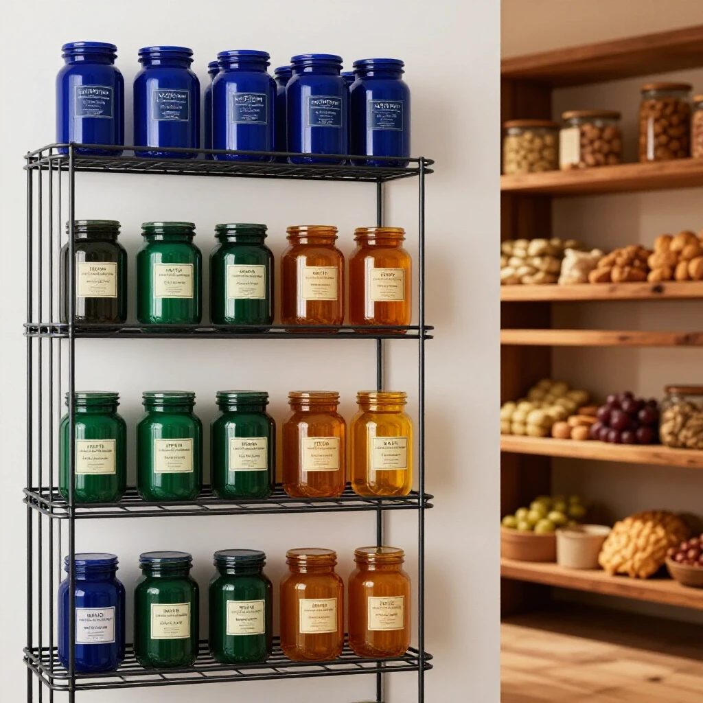 A split-image comparison of modern wire shelves with colorful pantry items and rustic wood shelves filled with earthy food tones.