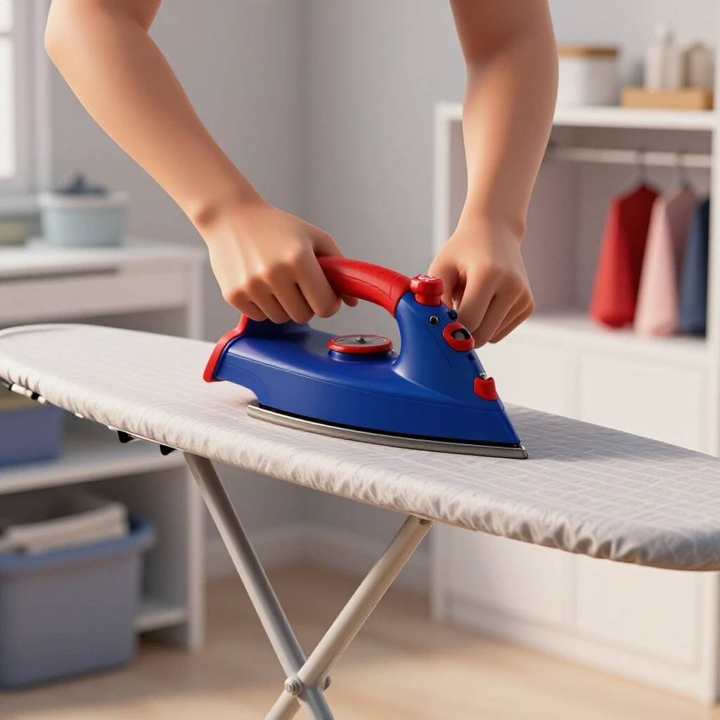 Close-up of hands fixing a wobbly ironing board in a tidy laundry space, showcasing DIY home repair.