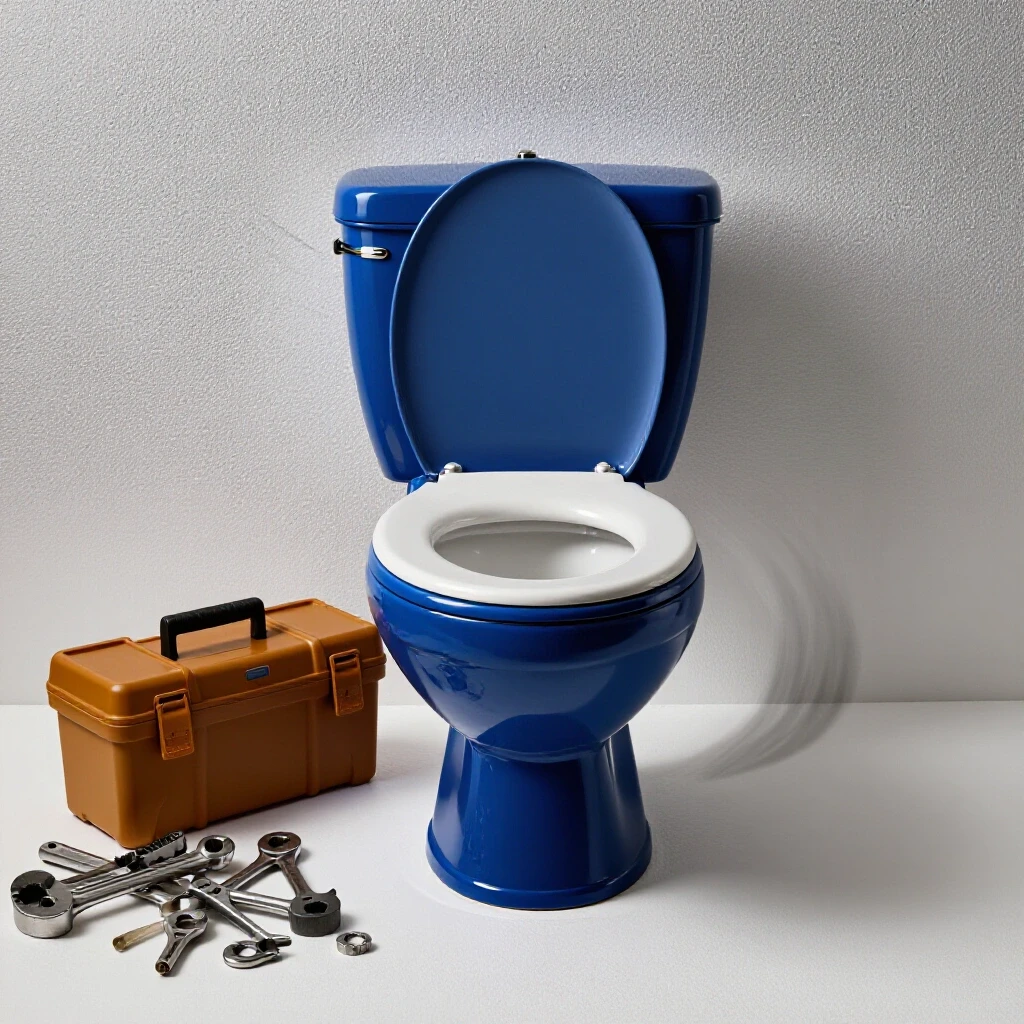 A tilted toilet highlighting instability with a toolbox nearby, showcasing DIY tools for repair solutions.