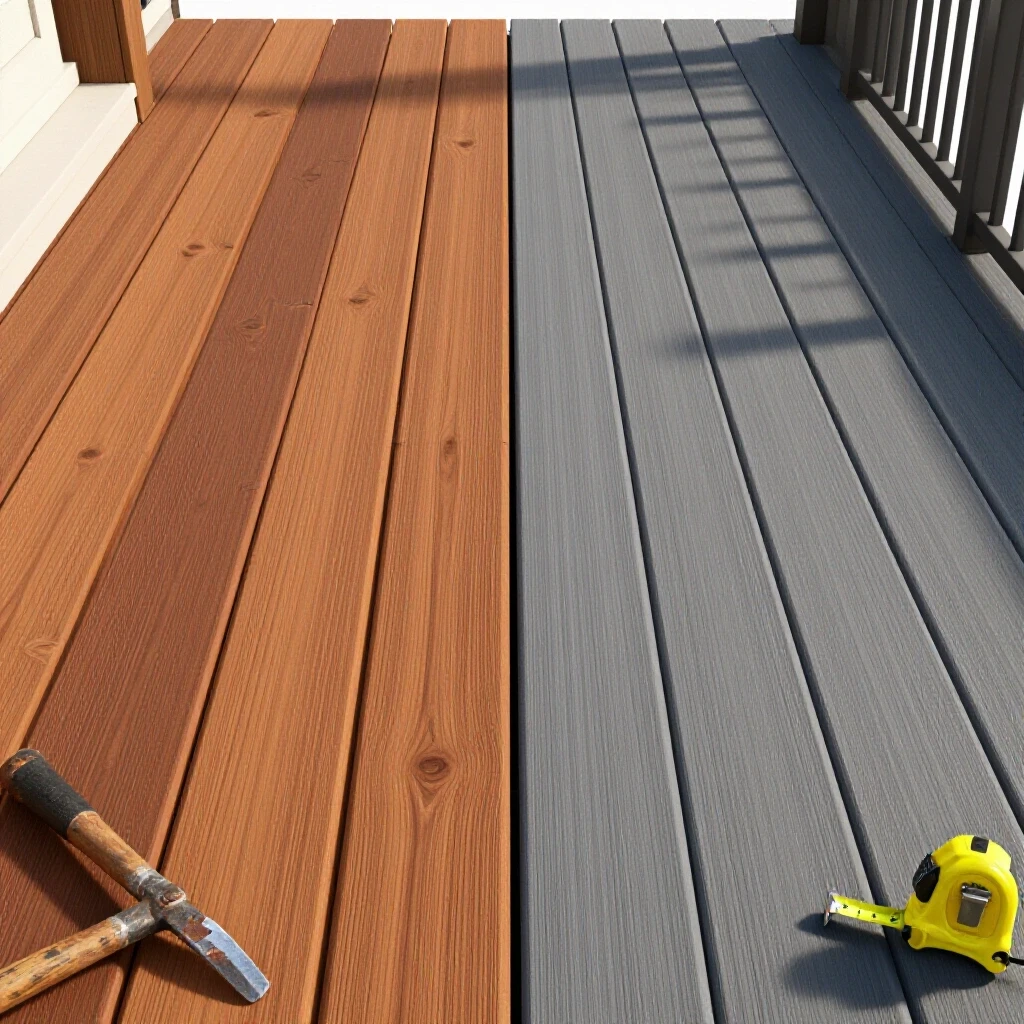 A comparison of natural wood and composite decking showcasing their textures and colors, with tools in the foreground.