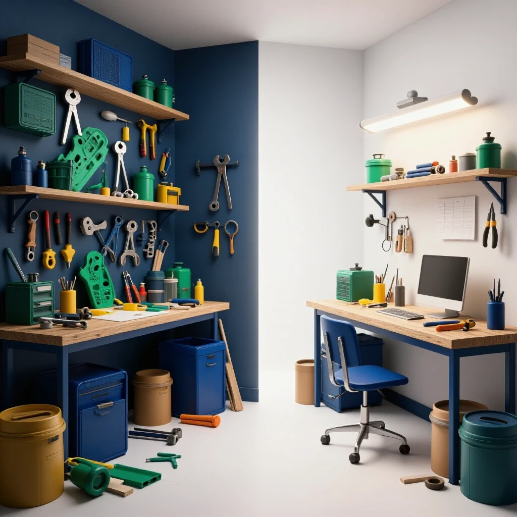 A striking image contrasting a disorganized workshop with cluttered tools on one side and an organized workspace on the other, illustrating transformation.
