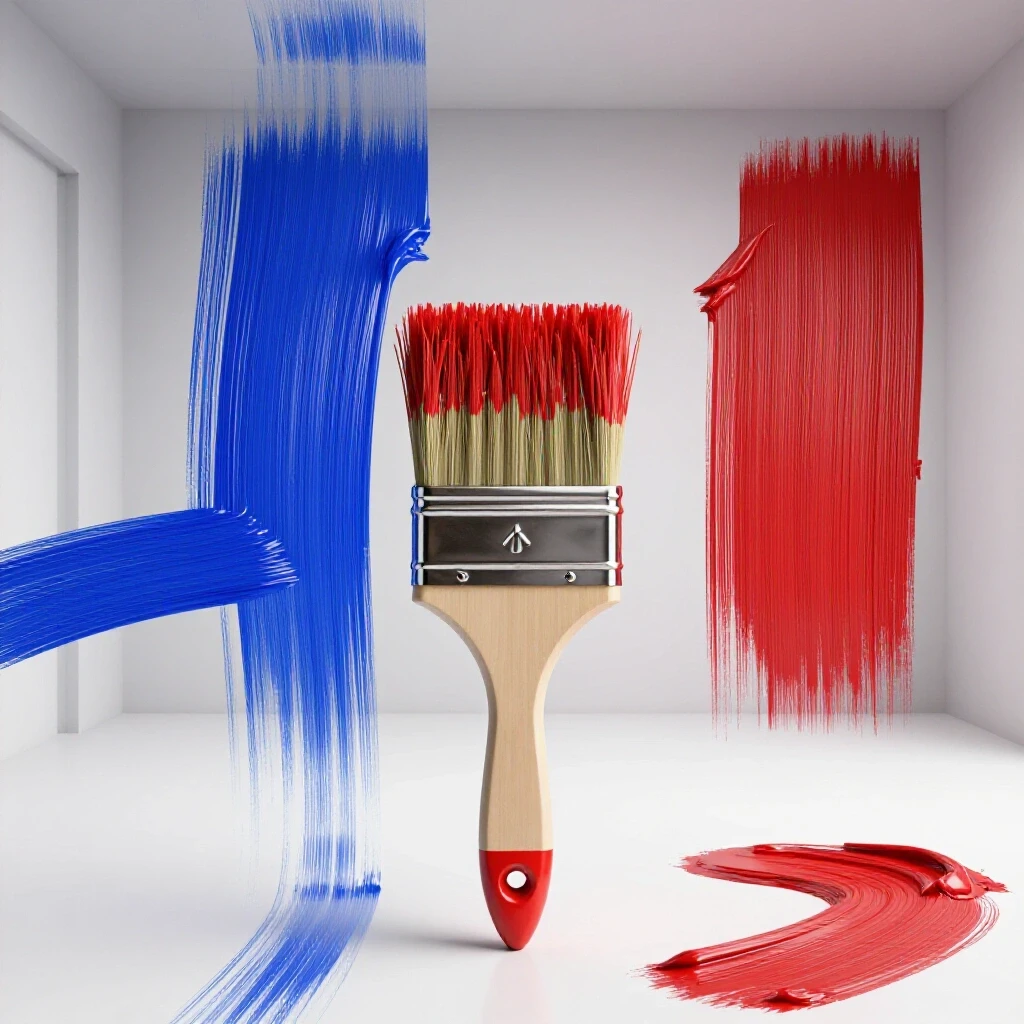 A vibrant depiction of glossy and matte paint finishes with a paintbrush in between, showcasing contrasting textures.