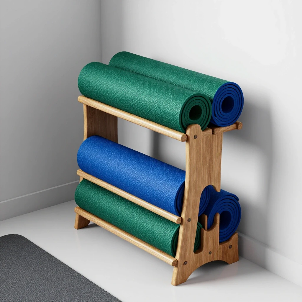 Elegant yoga mat storage solution in a minimalist small room corner, featuring rich colors and natural light.